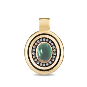 A gold oval pendant featuring a central green cabochon stone surrounded by a halo of small clear stones, set against a plain white background.