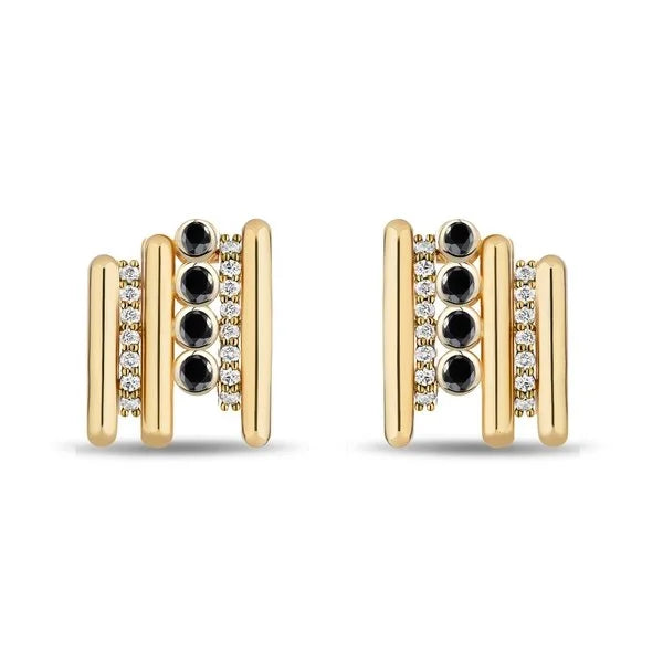 A pair of gold huggie hoop earrings featuring vertical bar details, rows of small diamonds, and three central round black diamonds, shown on a plain white background.