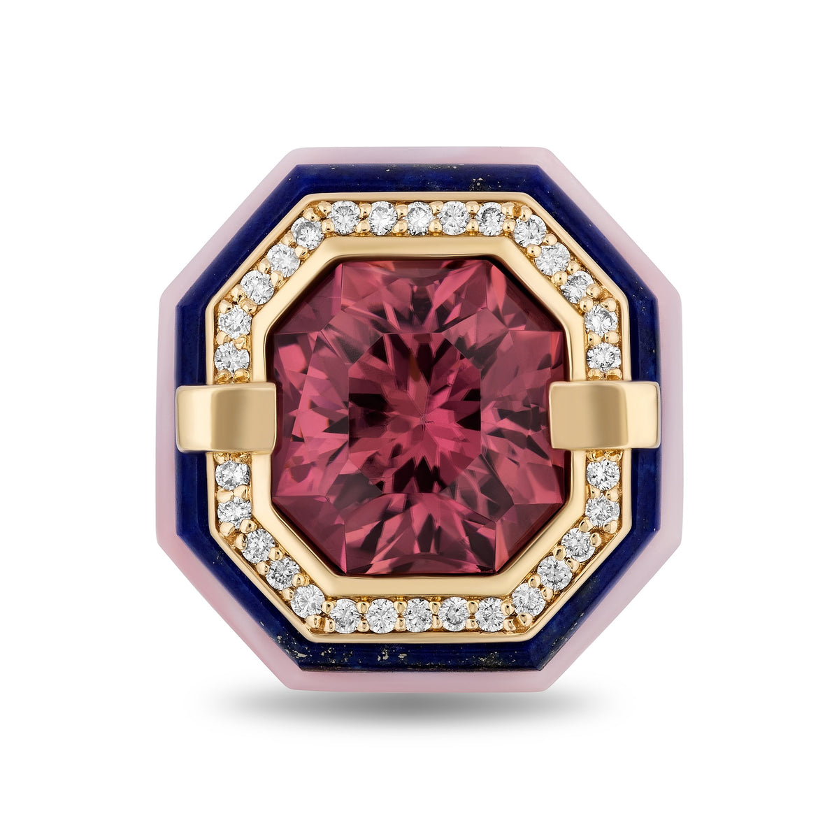 An octagonal ring featuring a large central pink gemstone, surrounded by a gold and diamond halo, a navy blue inlay, and a light pink outer bezel.