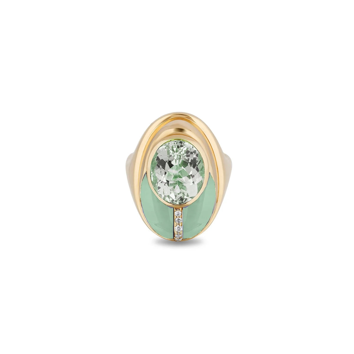 A gold ring featuring a large oval-cut clear gemstone surrounded by a halo of mint green enamel and polished gold bezel, with a small pavé accent on a white background.