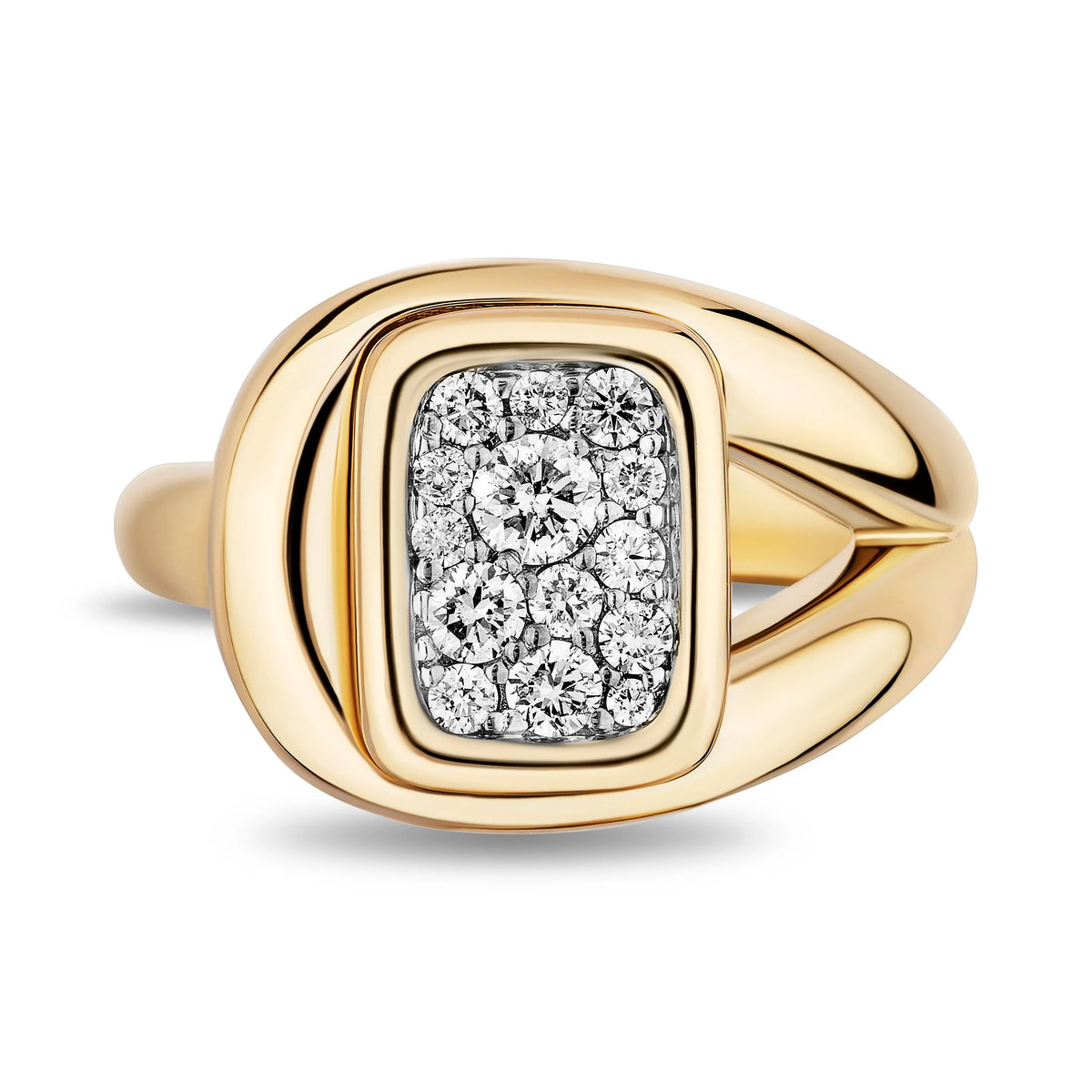 A yellow gold signet-style ring featuring a rectangular cluster of clear pavé diamonds on the face, shown on a clean white background.