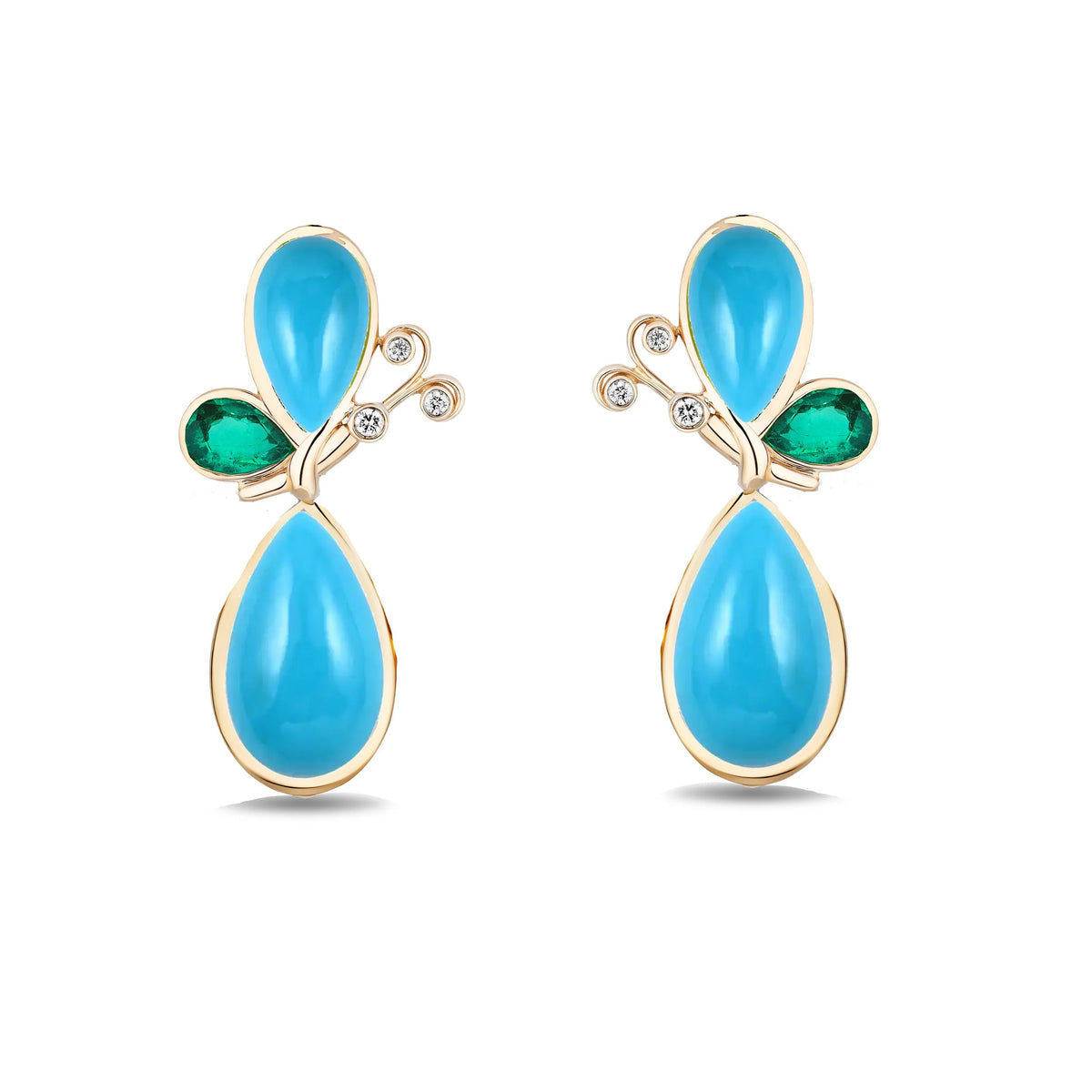 A pair of gold butterfly-shaped stud earrings featuring large teardrop-shaped turquoise blue stones, smaller emerald green stones, and tiny clear accent crystals, shown on a plain white background.