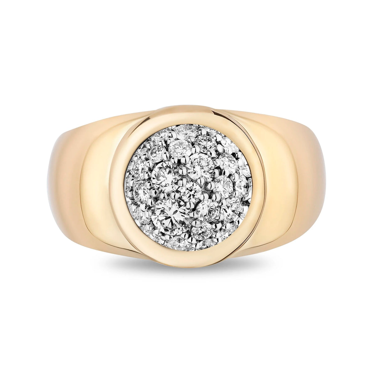 A yellow gold signet ring featuring a round bezel-set cluster of sparkling clear diamonds, presented on a clean white background.