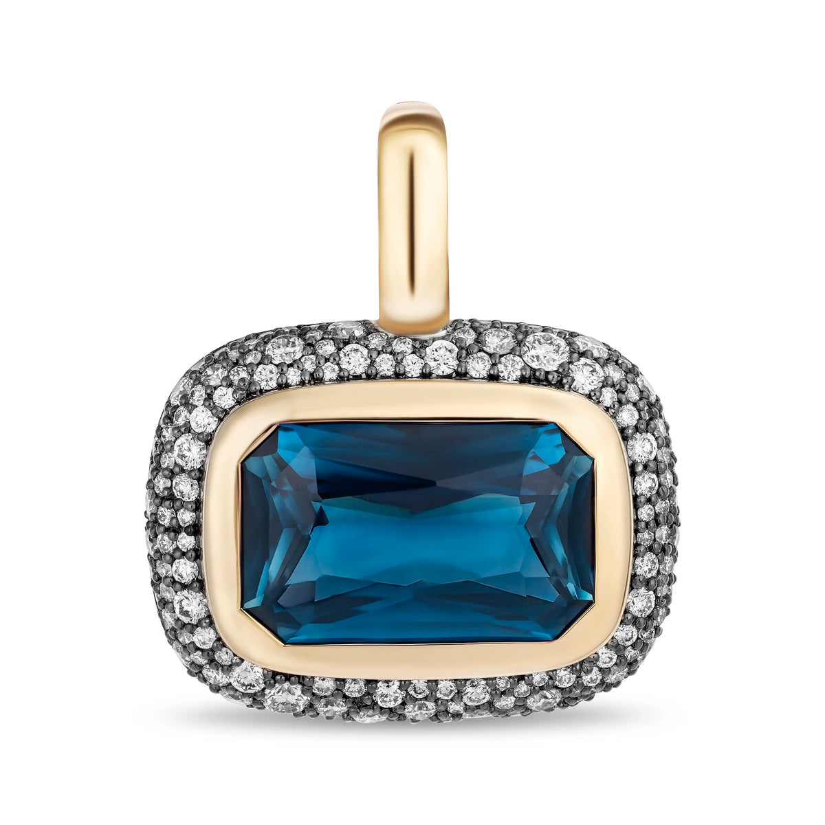 A rectangular london blue pendant with a gold-toned bezel, surrounded by a halo of small diamonds, on a white background.