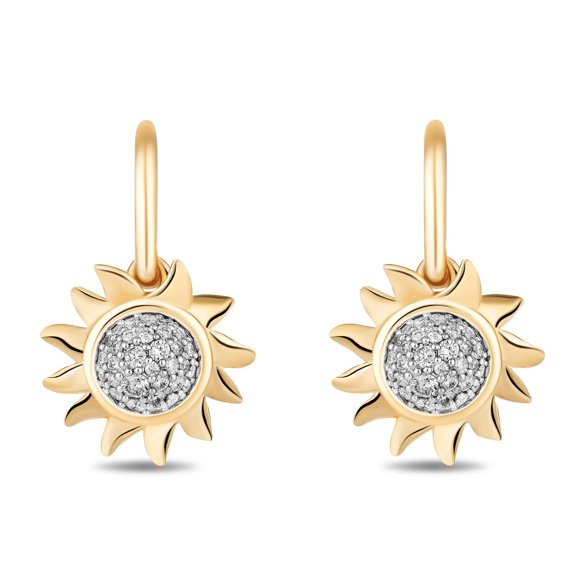 A pair of gold sun-shaped drop earrings with pavé-set diamonds in the center, shown on a plain white background.