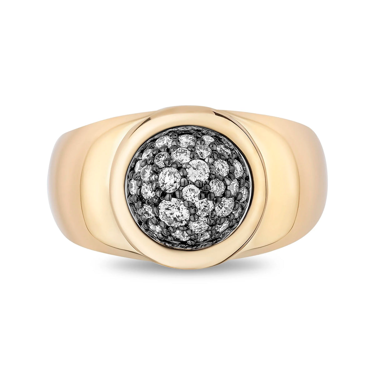 A yellow gold signet ring featuring a round bezel-set center paved with small diamond, shown on a clean white background.
