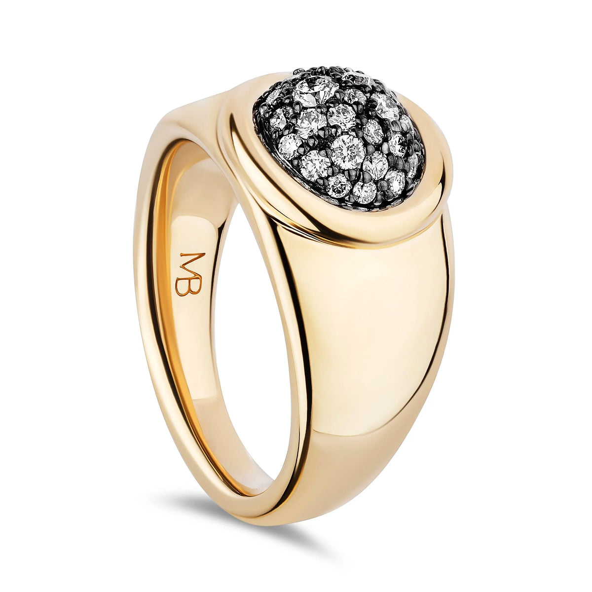 A yellow gold signet-style ring with a round pavé-set top featuring diamonds. The ring is shown at an angle on a clean white background, with the brand initials 'VB' engraved inside the band.