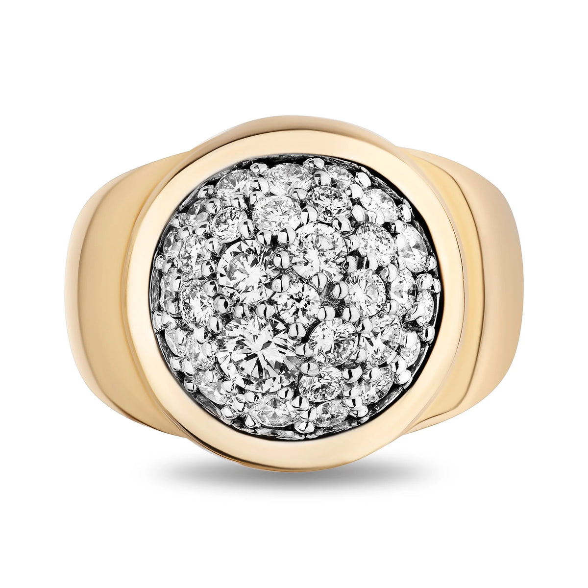A yellow gold signet ring featuring a round bezel-set cluster of brilliant-cut diamonds on a clean white background.
