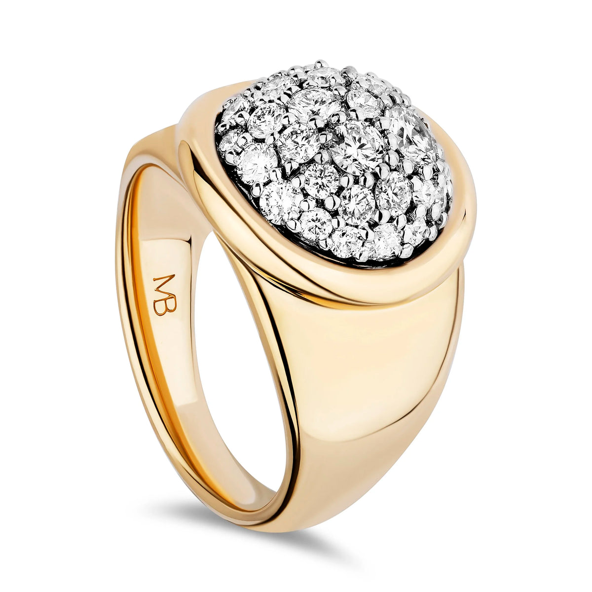 A yellow gold signet ring featuring a dome-shaped pavé setting with clear round stones, shown on a clean white background. The inner band is engraved with the initials 'NB'.