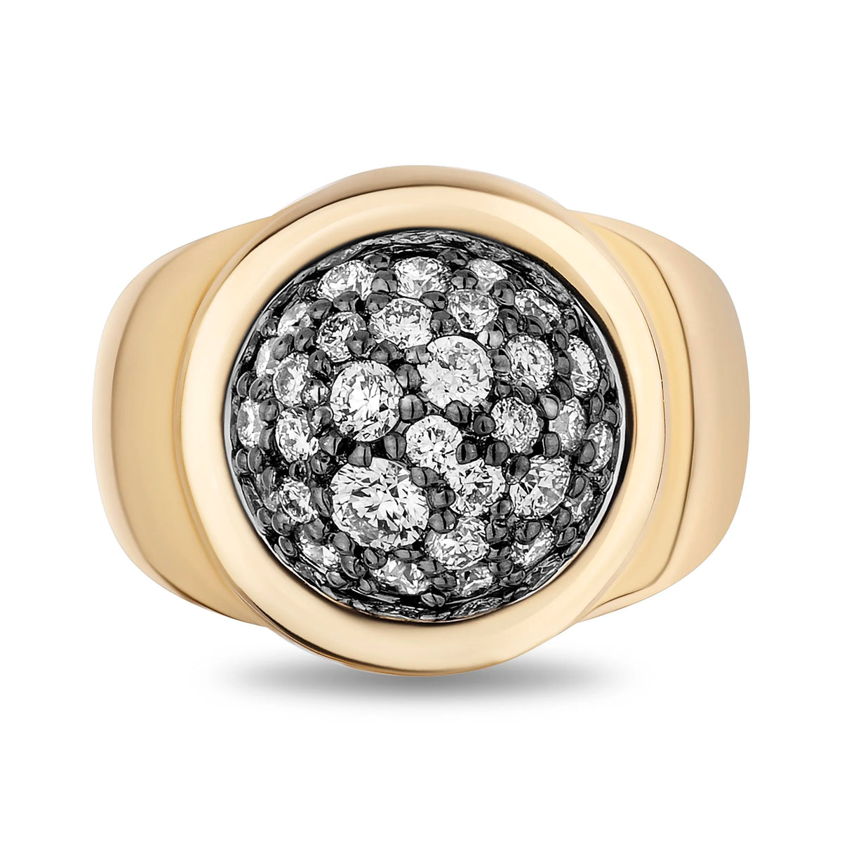 A yellow gold signet ring featuring a round bezel-set face paved with small clear gemstones, shown against a plain white background.