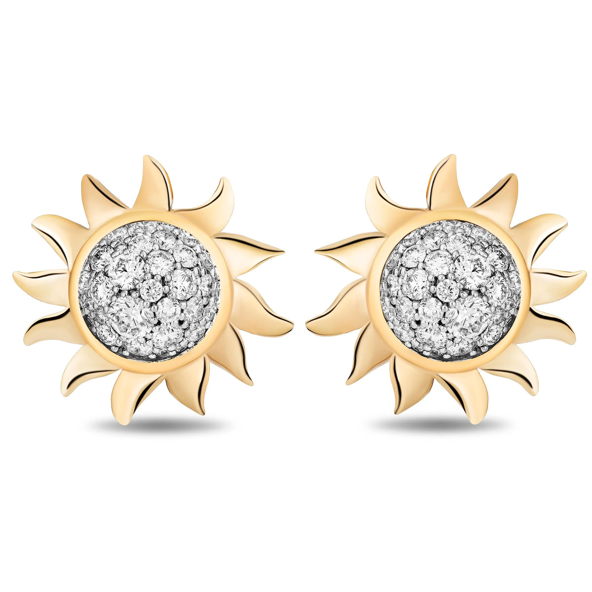 A pair of gold sunburst stud earrings with round diamond pavé centers, shown on a clean white background.