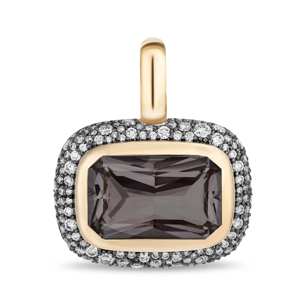 A rectangular smoky topaz pendant with a cushion-shaped setting, surrounded by a halo of small clear pavé diamonds and accented with a yellow gold border and a matching gold bail, shown on a white background.