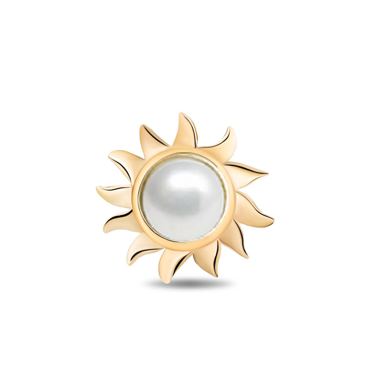 A gold sun-shaped charm with a central white pearl, shown on a clean white background with a soft shadow underneath.