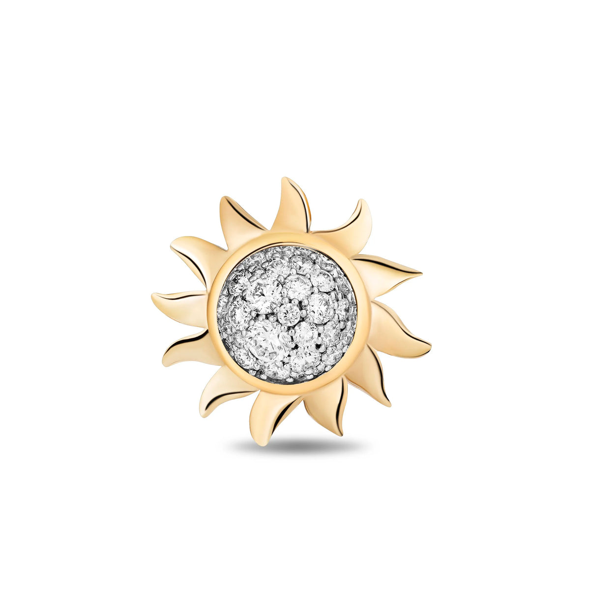 A gold sun-shaped stud earring featuring a central round cluster of clear pavé diamonds, shown on a clean white background with a soft shadow underneath.