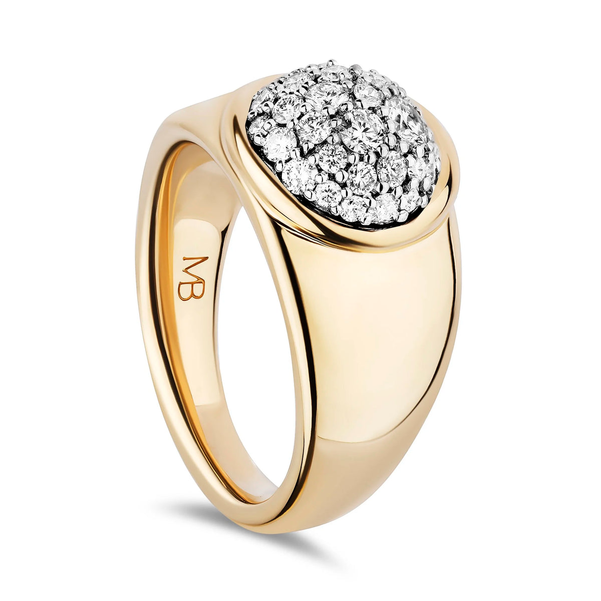 A yellow gold signet-style ring with a dome-shaped pavé setting featuring diamonds, shown on a clean white background. The inside of the band is engraved with the initials 'NB'.