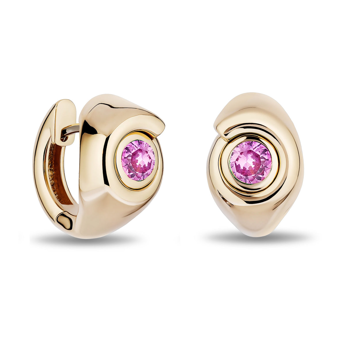 A pair of gold huggie hoop earrings with a polished gold finish and a round pink gemstone set in the center of each earring, shown on a clean white background.