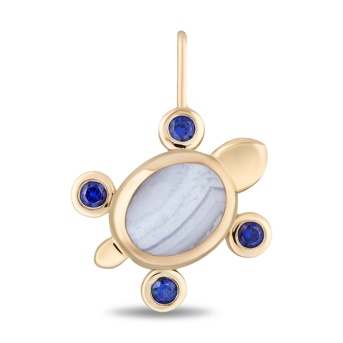 A gold turtle pendant featuring a light blue and white marbled stone inlay for the shell, accented with four round blue gemstones on a clean white background.