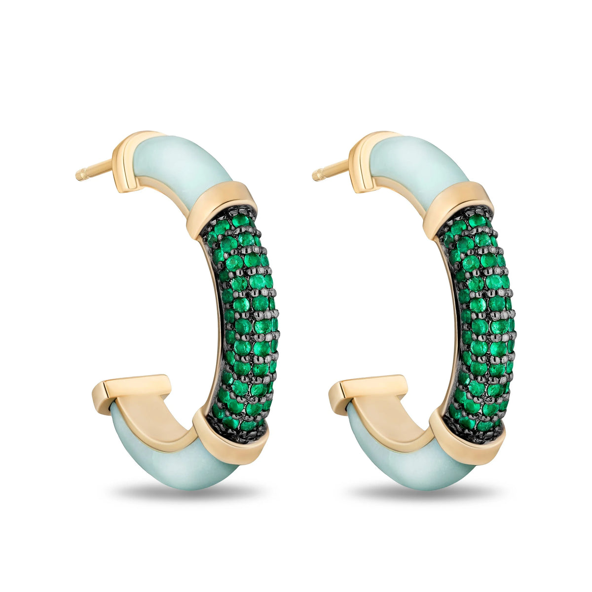 A pair of gold hoop earrings with light mint opal sections and a central band paved with green and black stones, shown on a white background.