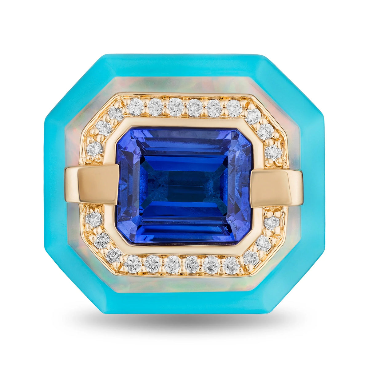 An octagonal ring featuring a large emerald-cut blue sapphire center stone, surrounded by a gold and diamond halo, and a vibrant turquoise outer bezel setting.