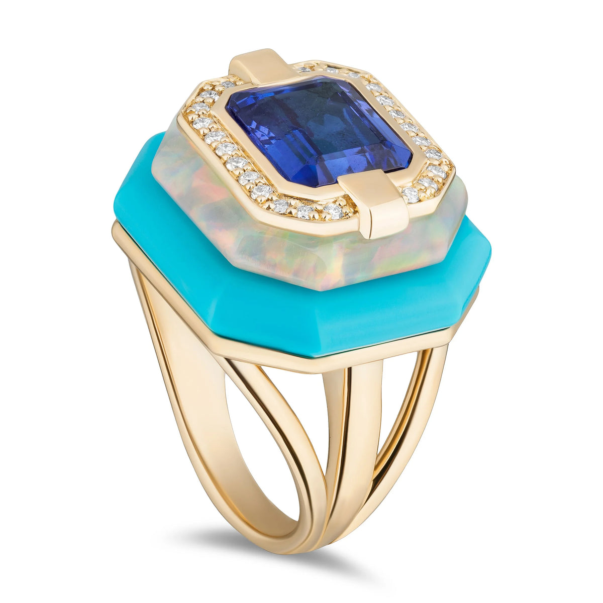 An octagonal gold ring featuring a large emerald-cut blue sapphire center stone, surrounded by a halo of small diamonds, and set over a two-tone turquoise and opal inlay bezel. The ring is shown on a clean white background with a soft shadow.