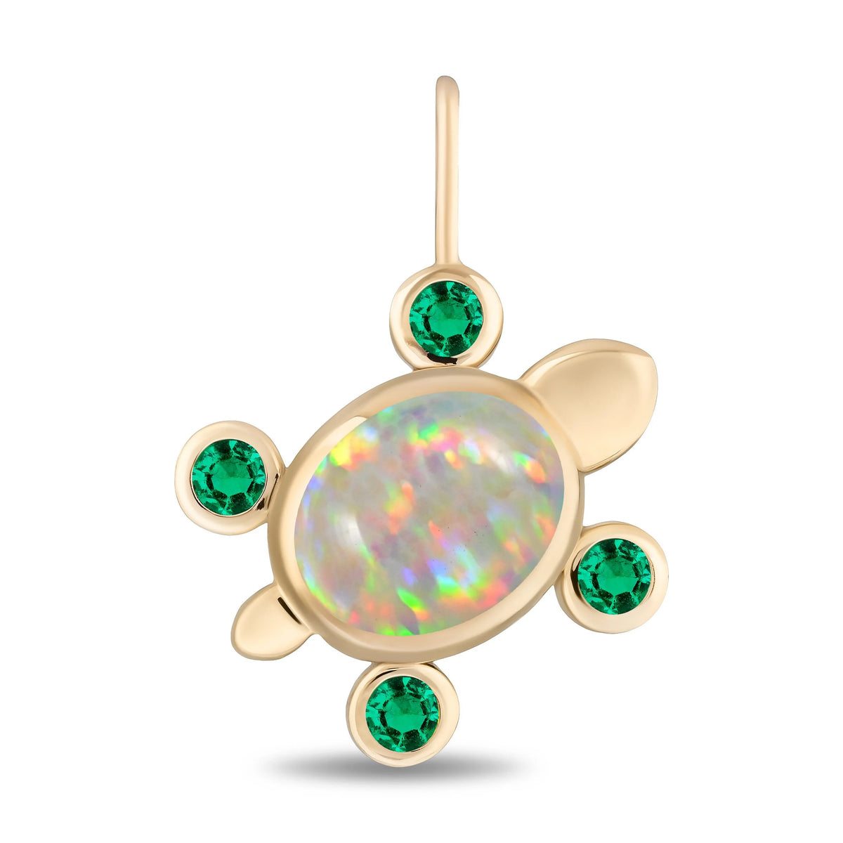 A gold turtle pendant featuring a large iridescent opal center stone and four round-cut green gemstones, shown on a clean white background.