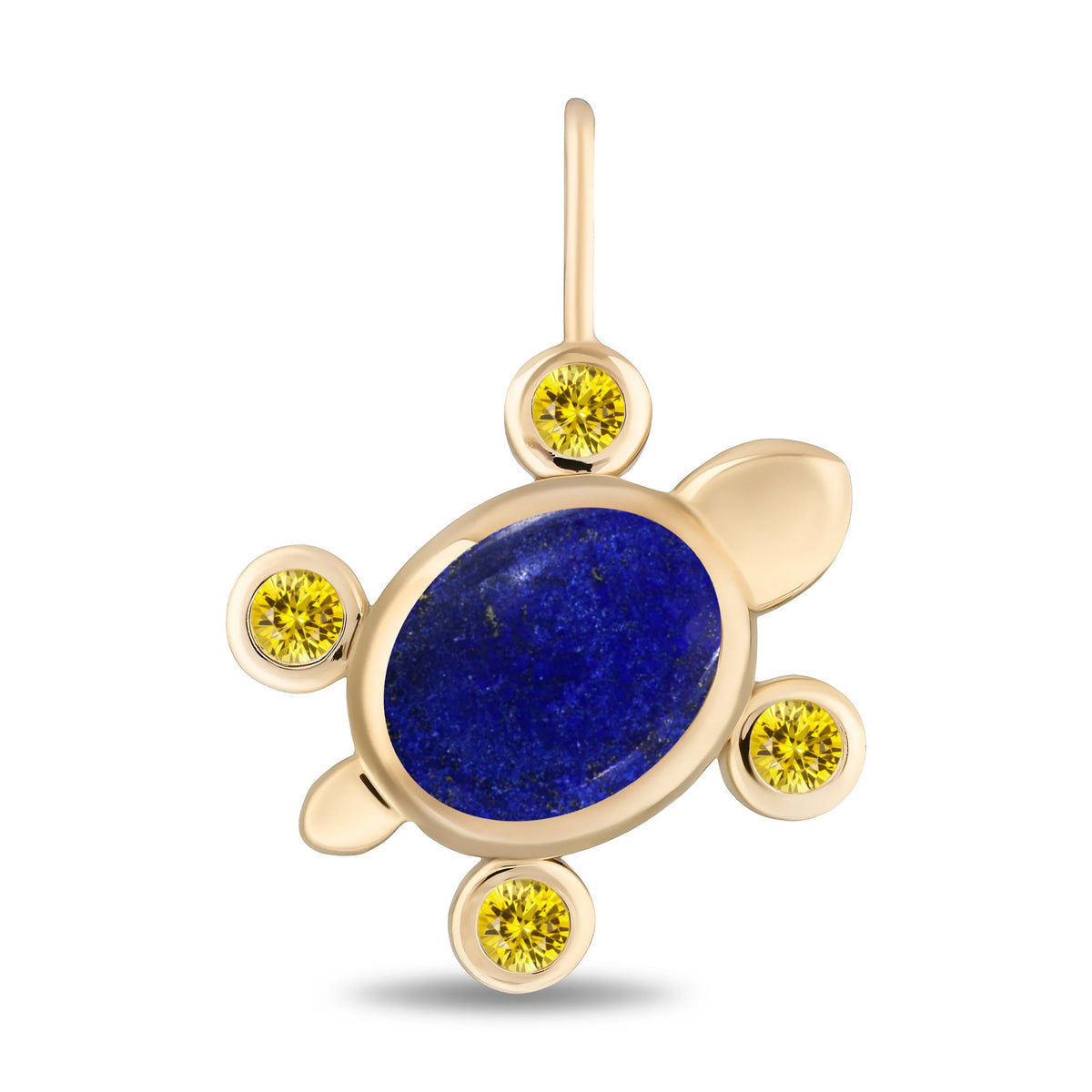 A gold turtle pendant featuring a central oval lapis lazuli stone and four round yellow gemstones, shown on a clean white background.