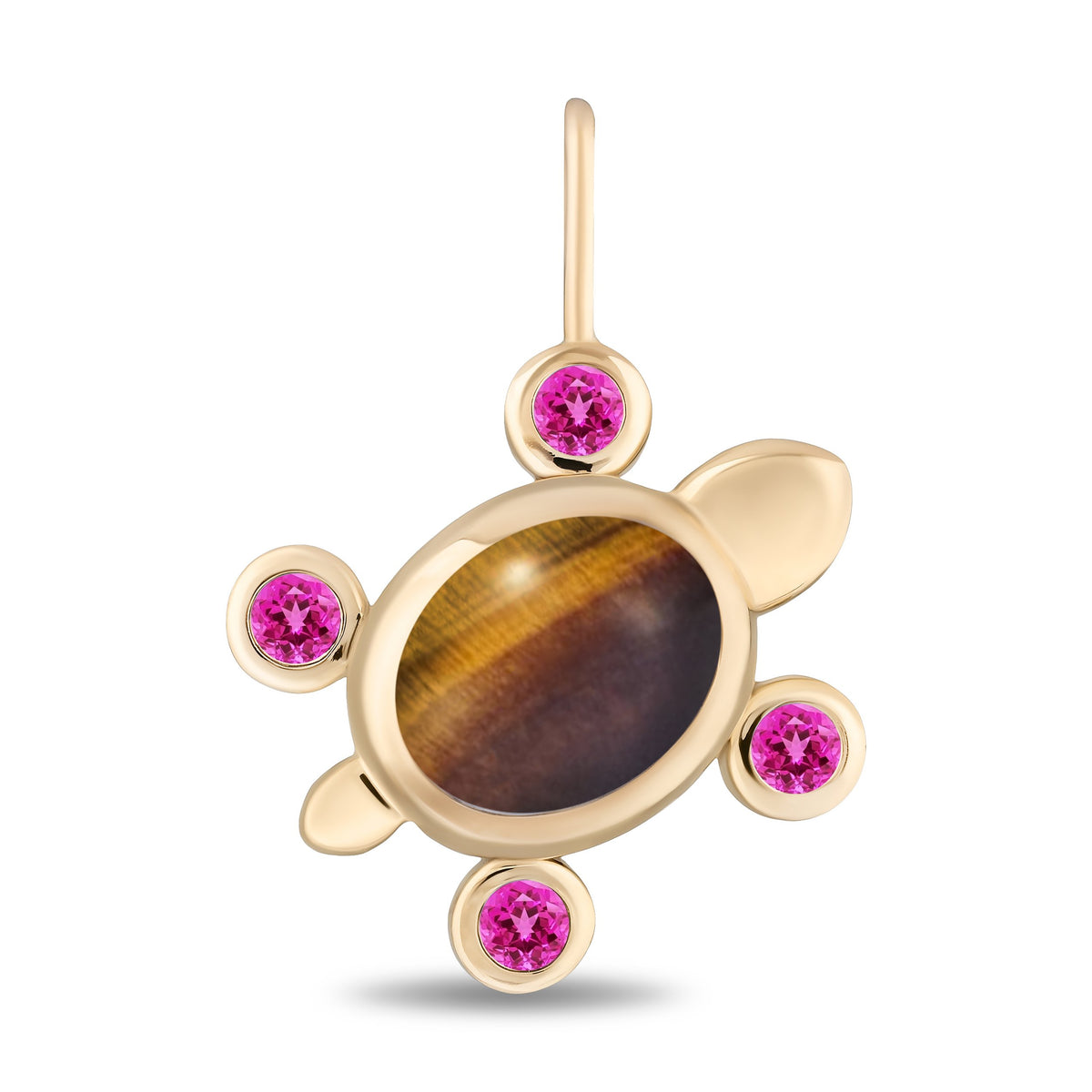 A gold turtle pendant featuring a large oval tiger's eye stone on the shell and four round bright pink gemstones set on the head, limbs, and tail, shown against a plain white background.