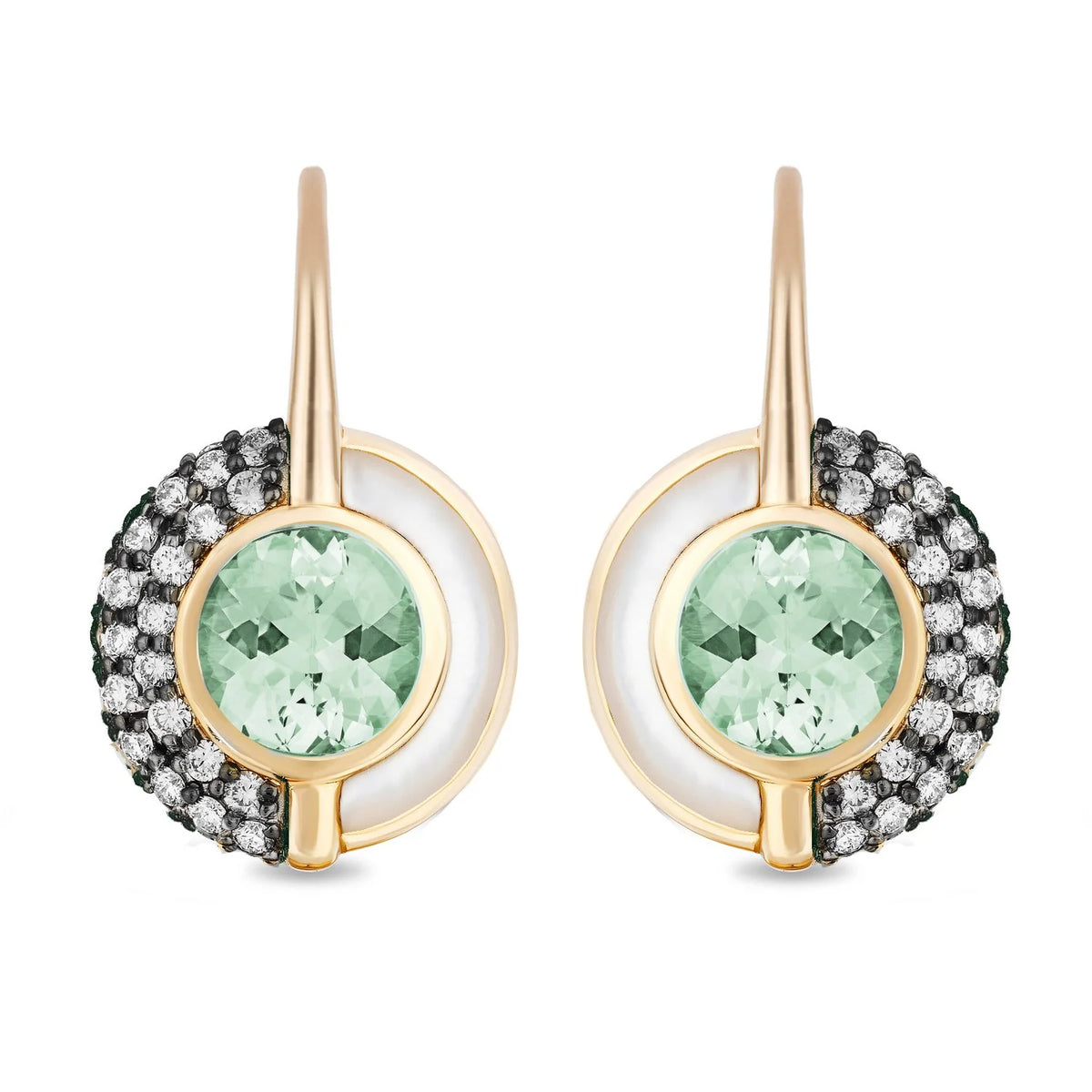 A pair of gold drop earrings featuring a central round mint green gemstone surrounded by a white inlay and a halo of small black and white pavé-set stones, shown on a plain white background.
