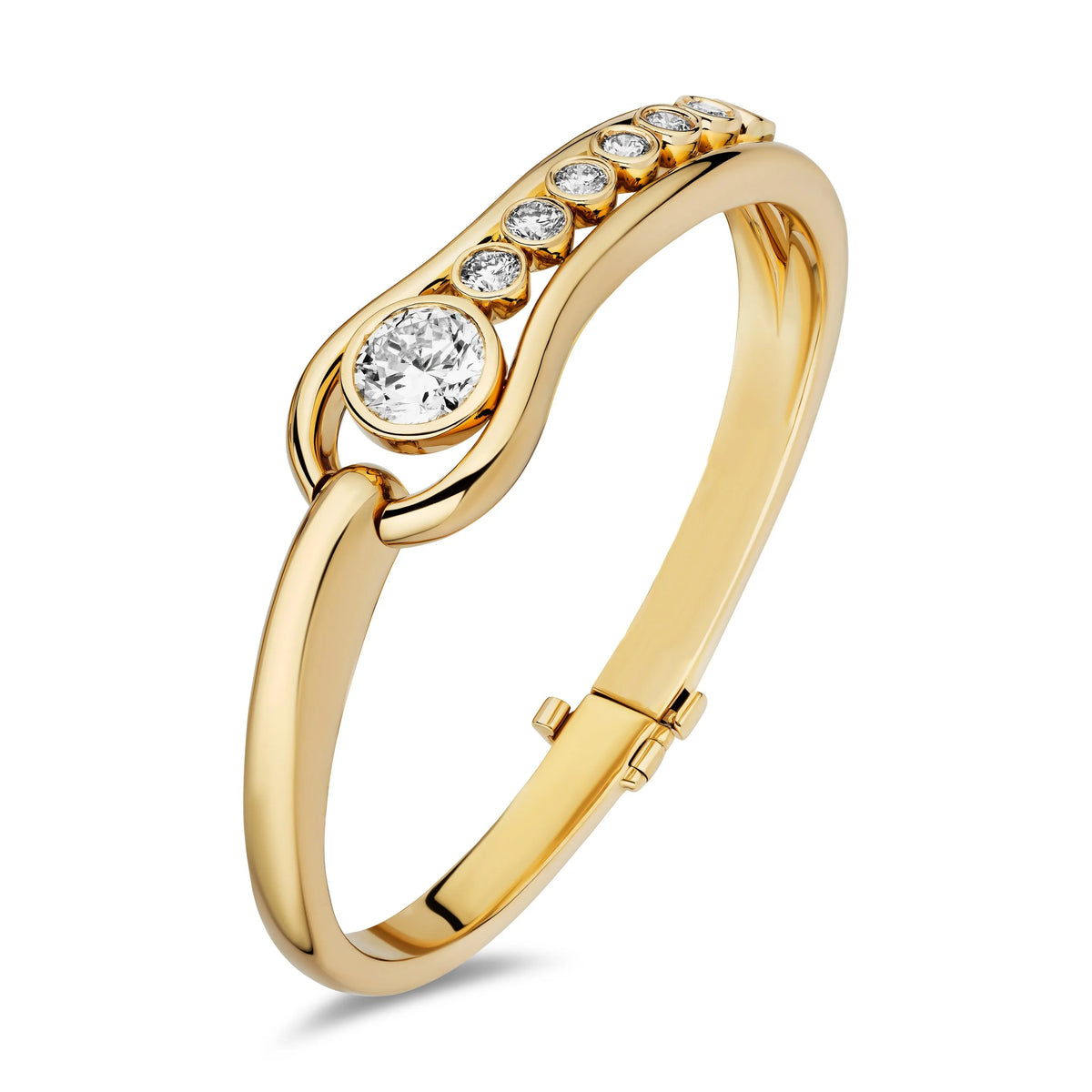 A yellow gold hinged ring with a curved top featuring a row of round sapphires, shown on a clean white background.