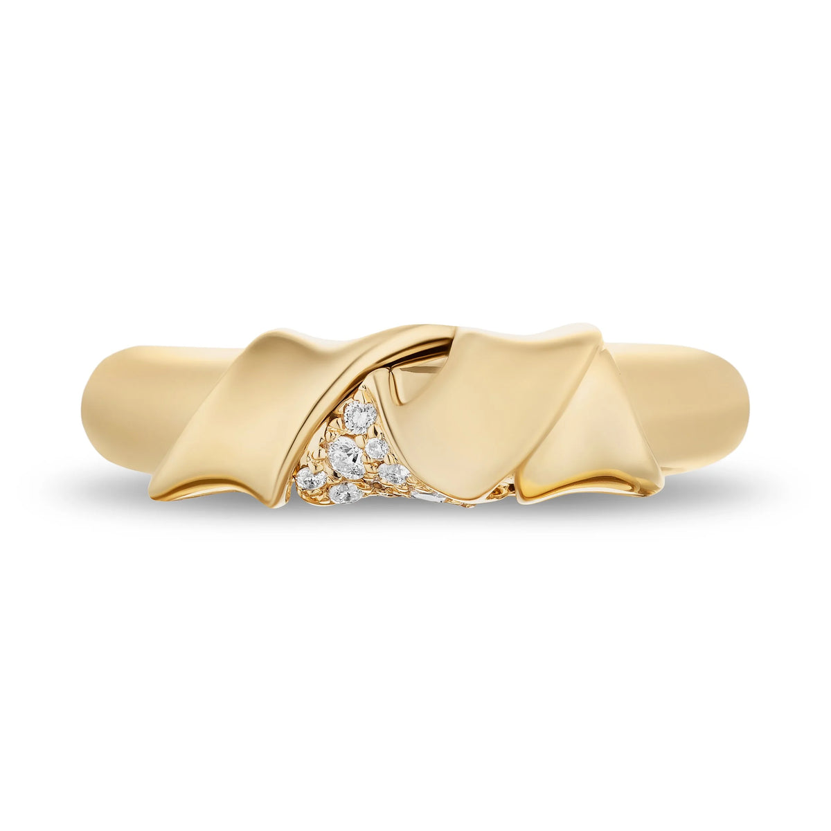 A yellow gold ring with a sculptural, flowing ribbon-like top featuring a pavé diamond accent, shown on a clean white background.