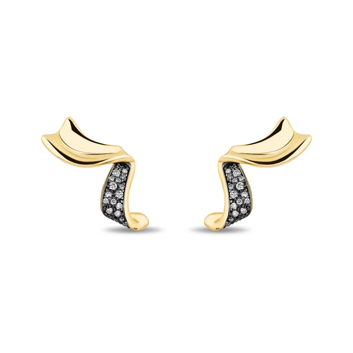 A pair of gold ear cuffs with curved, ribbon-like shapes, featuring a pavé-set black band inlaid with small dismonds, shown on a plain white background.
