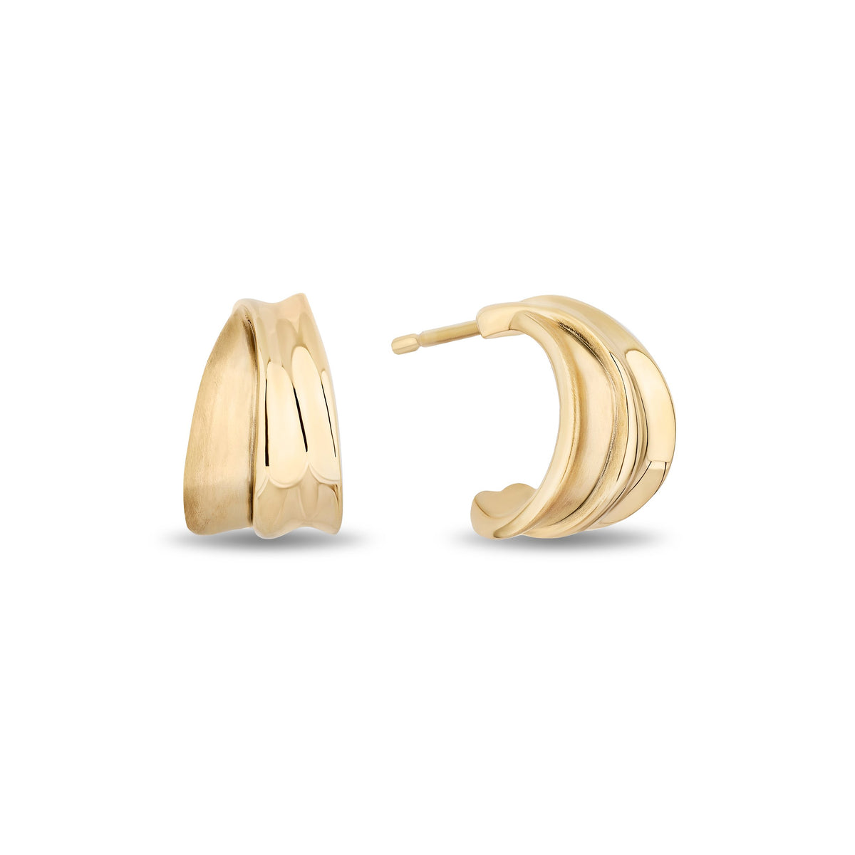A pair of gold crescent-shaped hoop earrings shown from two angles, one displaying the front curve and the other the side profile with a post, on a clean white background.