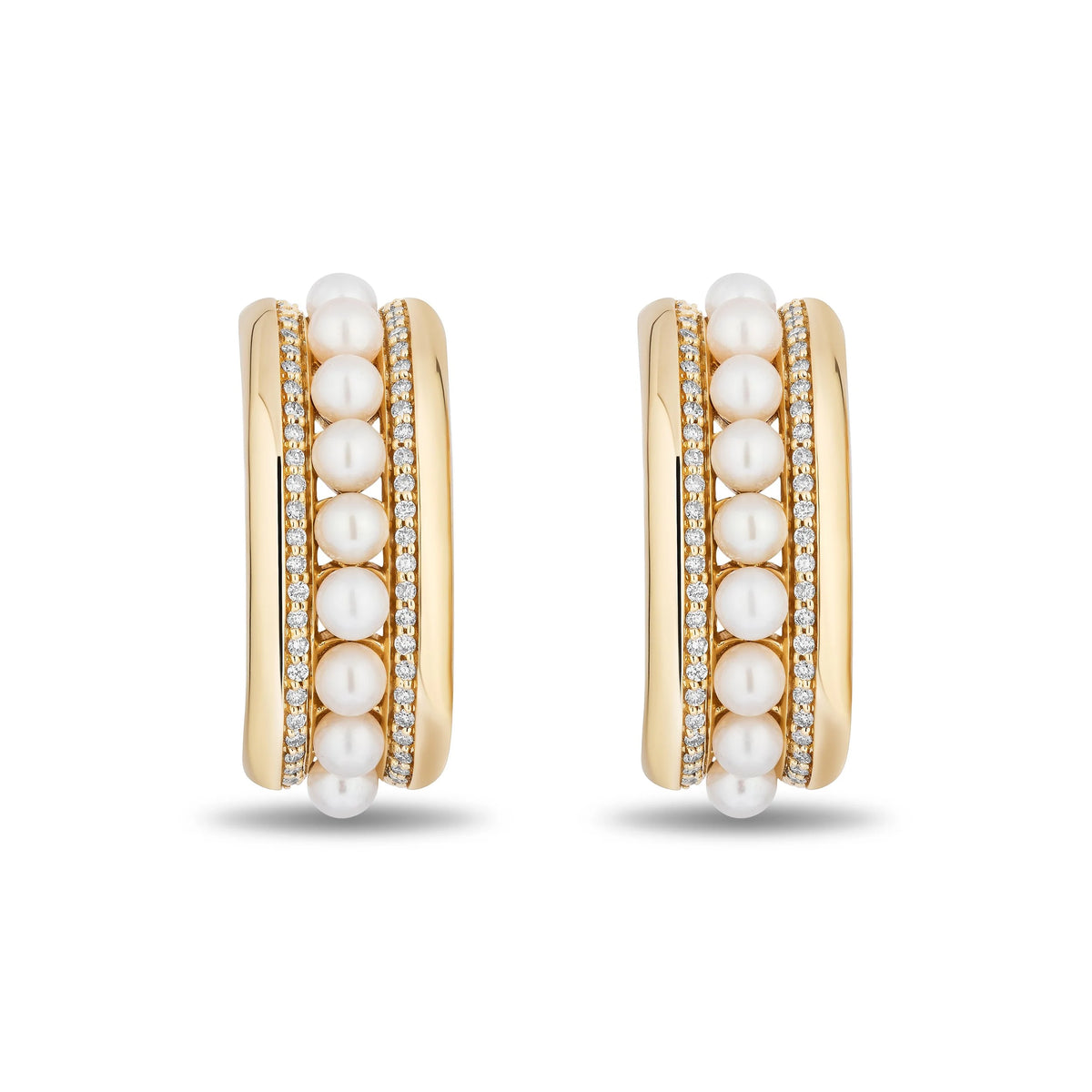A pair of gold hoop earrings featuring a central row of white pearls flanked by rows of small clear pavé stones, set against a plain white background.