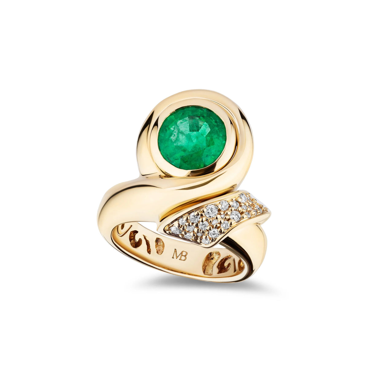 A gold ring featuring a round green emerald-cut center stone and a pavé diamond accent band, shown on a clean white background.