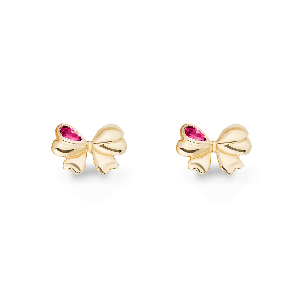 A pair of gold bow stud earrings with a small pink heart-shaped gemstone on each bow, set against a plain white background.