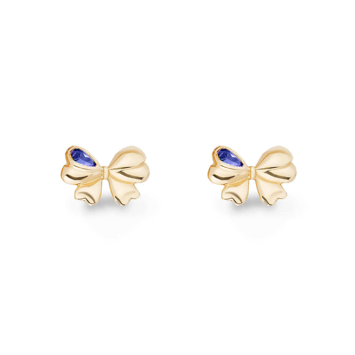 A pair of gold bow stud earrings with a small oval blue gemstone accent on each bow, shown on a clean white background.