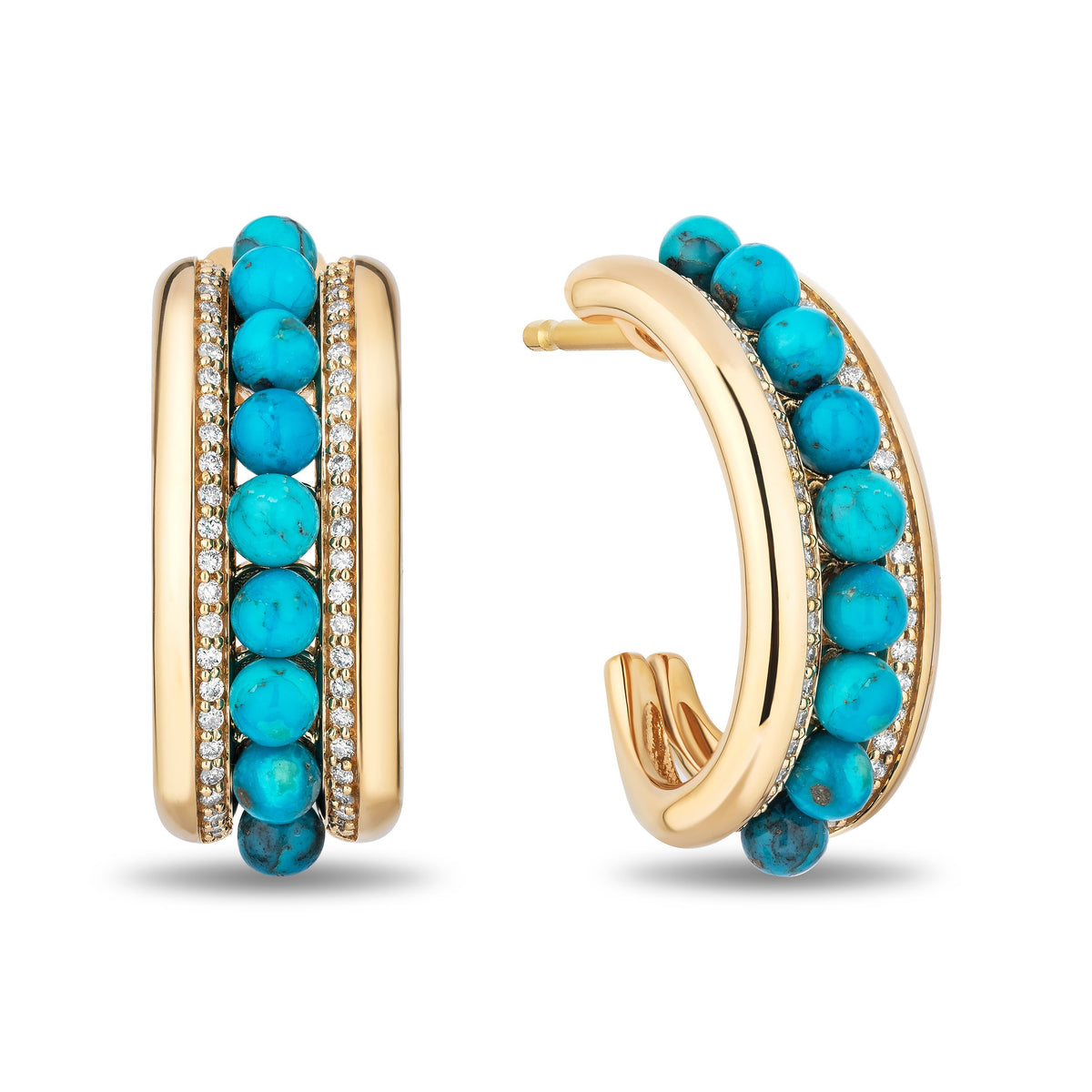 A pair of gold huggie hoop earrings with rows of round turquoise beads and small clear pavé stones, shown on a clean white background.