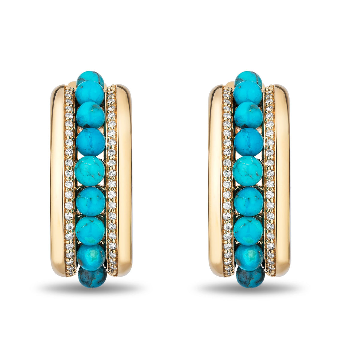 A pair of gold hoop earrings featuring three vertical rows: a central row of round turquoise beads, flanked by rows of small clear pavé stones and polished gold bands, set against a plain white background.