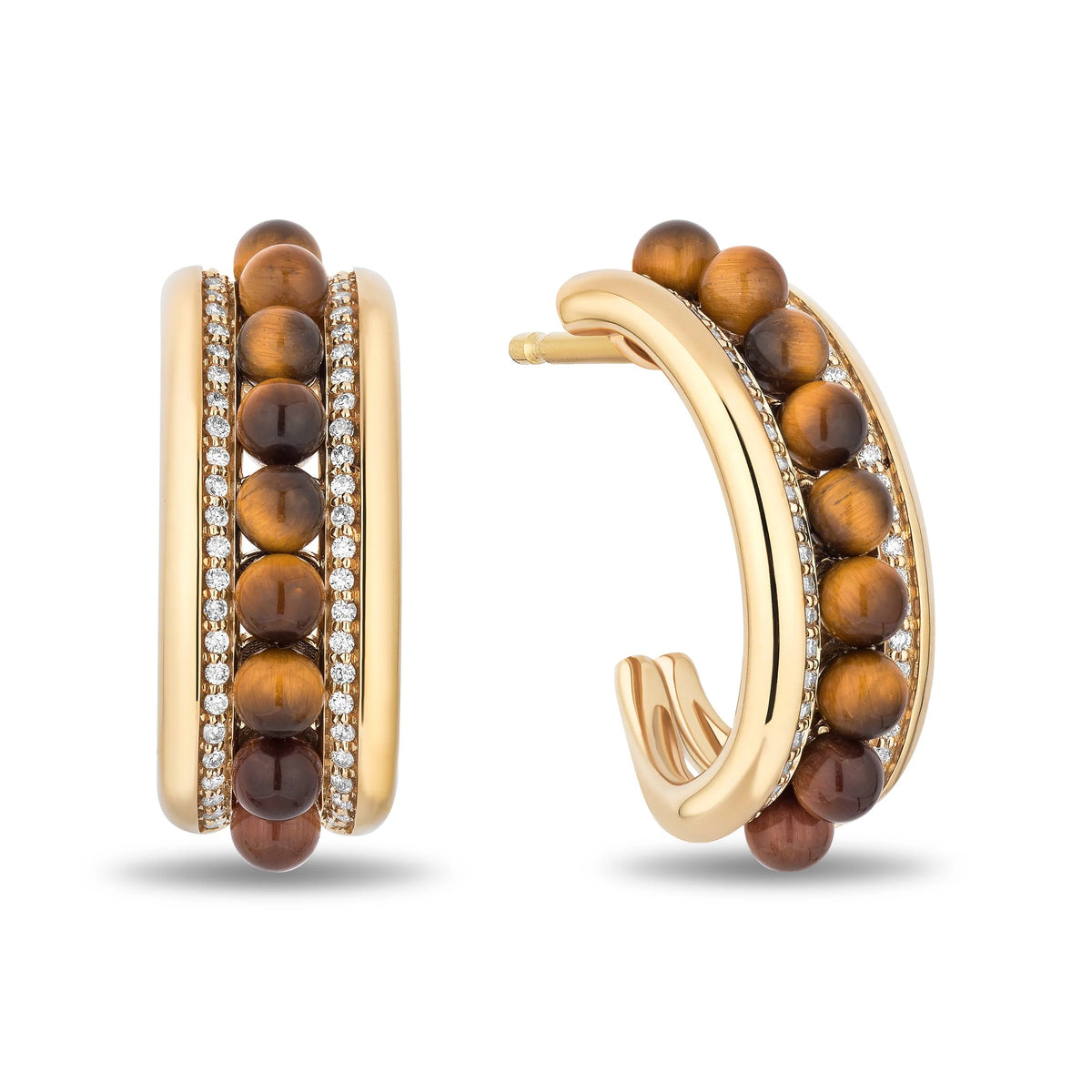 A pair of gold hoop earrings featuring rows of brown tiger's eye beads and pavé-set clear stones, shown on a clean white background.