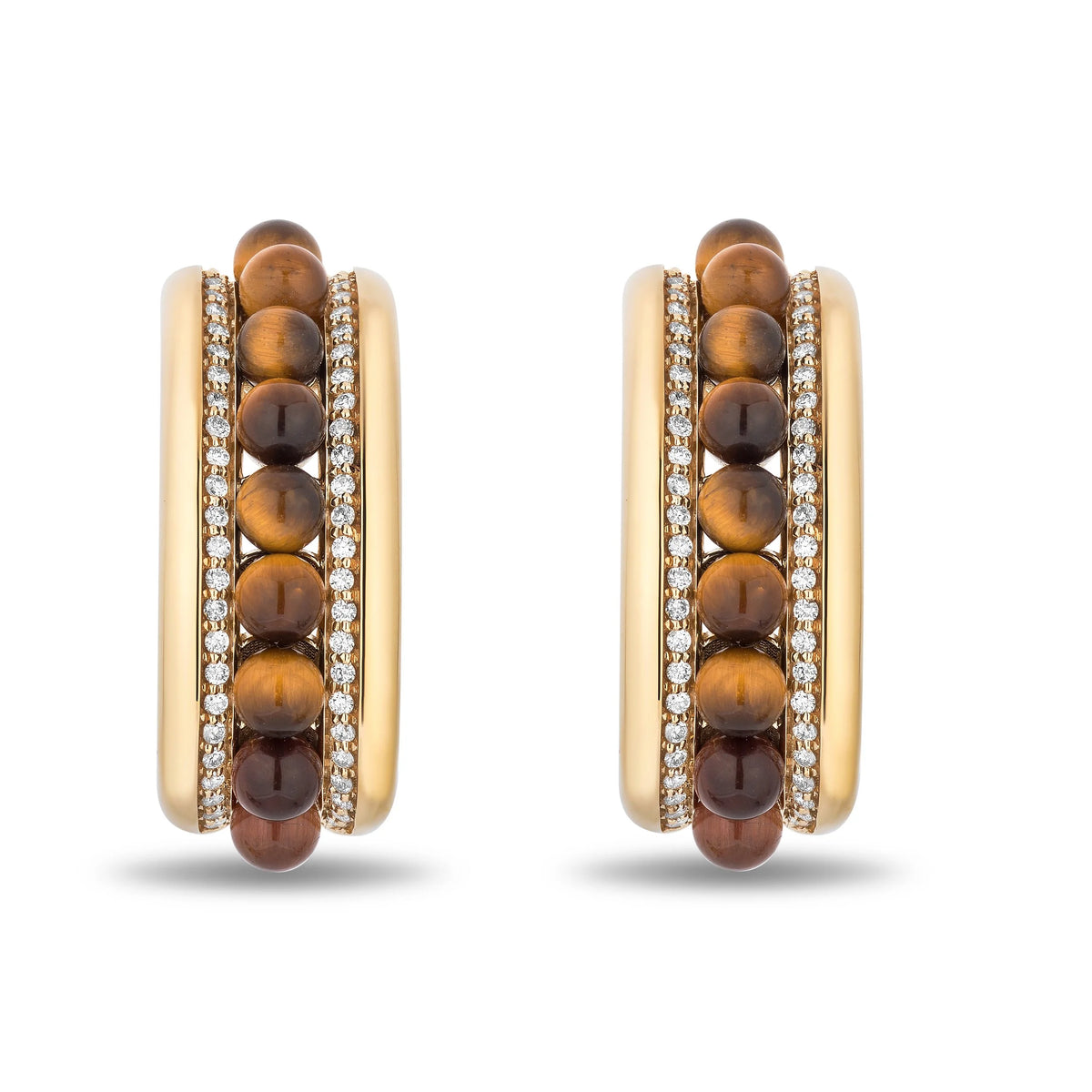 A pair of gold hoop earrings featuring a double-row design with a central column of round brown tiger's eye beads and a side column of clear pavé diamonds, set against a plain white background.
