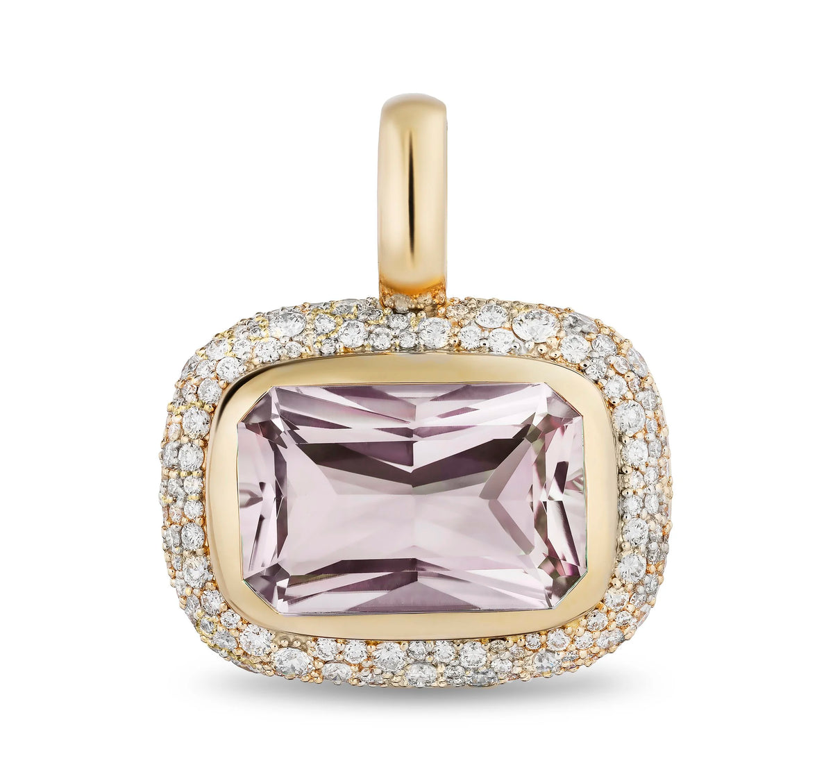 A rectangular cushion-cut rose de france pendant set in a yellow gold halo with pavé diamonds, shown on a clean white background.