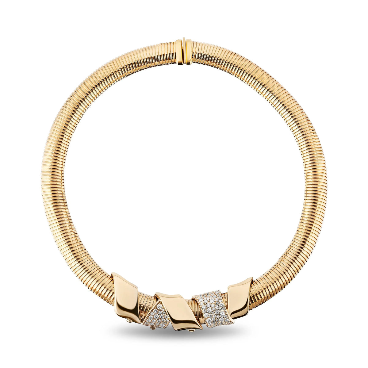 A gold snake-style collar necklace with three geometric diamond-shaped links at the front, two of which are set with small clear pavé stones, shown on a clean white background.