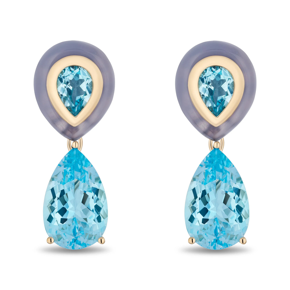 A pair of drop earrings featuring light blue teardrop-cut gemstones suspended below oval settings with a lavender-gray outer ring and gold inner bezel, shown on a plain white background.