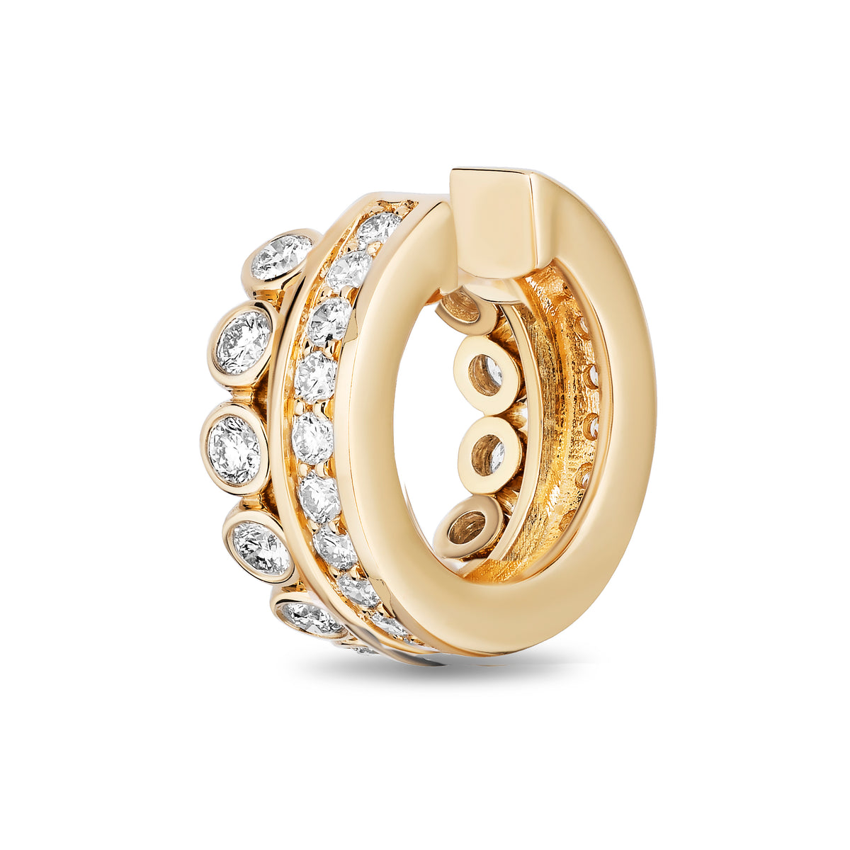 A gold huggie hoop earring adorned with multiple rows of clear pavé-set round and marquise-cut diamonds, shown on a clean white background.