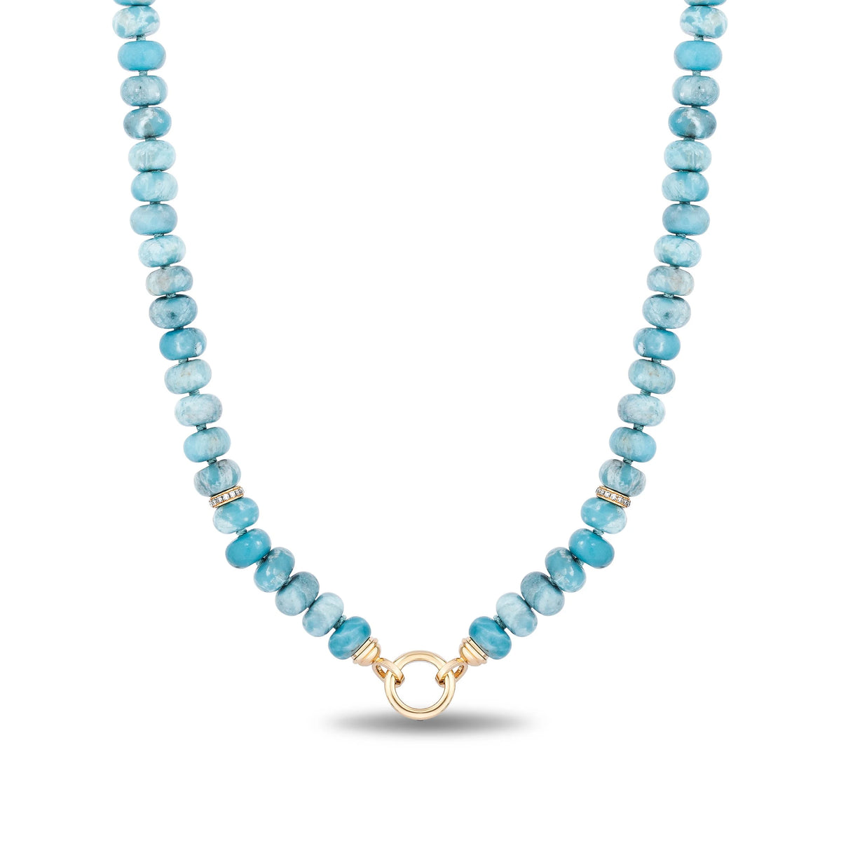A beaded necklace featuring light blue faceted round beads with small gold spacer accents and a gold clasp, shown against a plain white background.