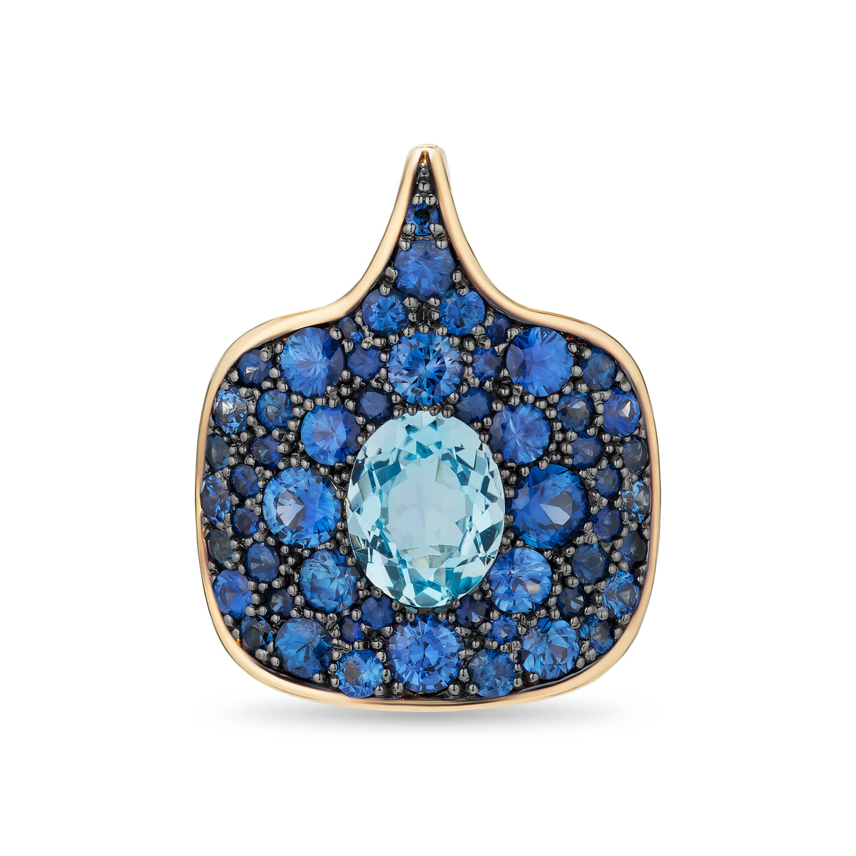 A gold teardrop-shaped ring setting featuring a central oval light blue topaz surrounded by a halo of round blue sapphires and dark oxidized accents, shown on a plain white background.