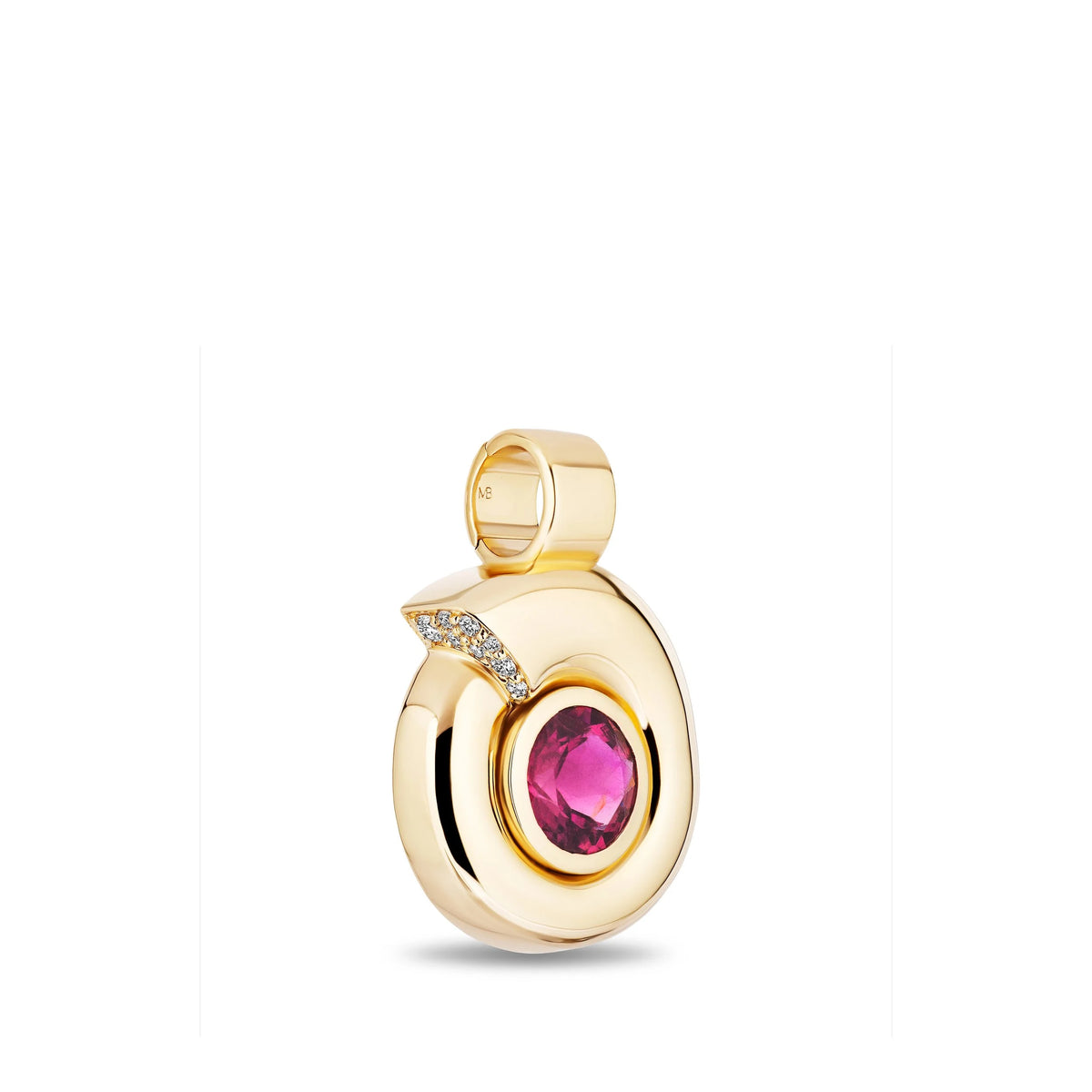 A gold pendant featuring a polished oval design with a central round pink gemstone and a small diamond-studded accent on the upper left, shown on a plain white background.