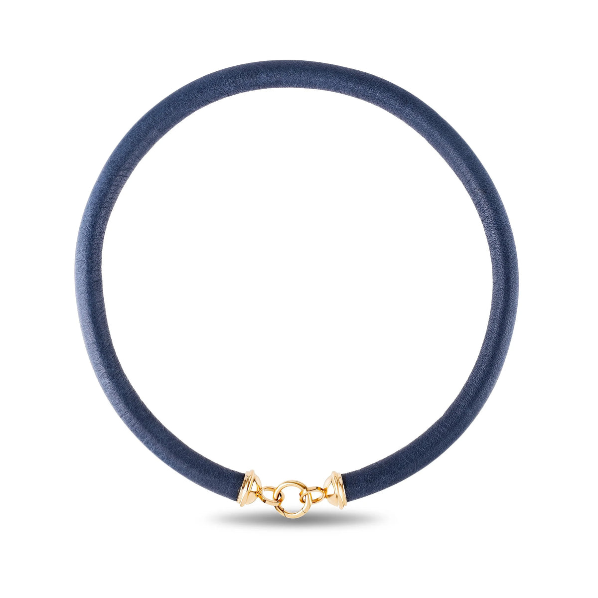 A navy blue leather bracelet with a gold clasp, displayed on a clean white background.
