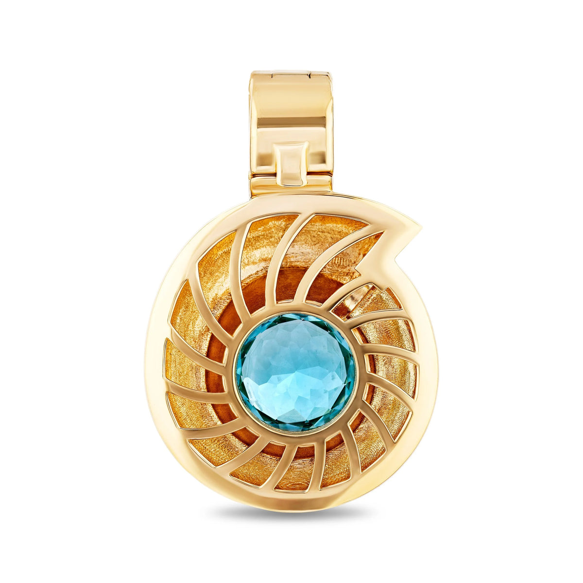A gold pendant shaped like a nautilus shell, featuring a textured gold interior, a central round light blue gemstone, and a polished gold bail at the top, shown on a clean white background.