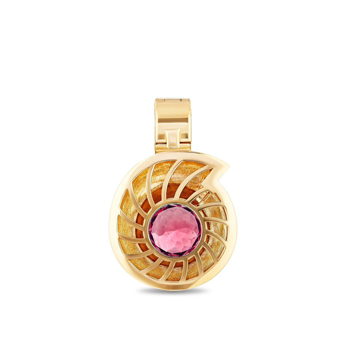 A gold pendant featuring a circular openwork design with a central round pink gemstone, shown on a plain white background.